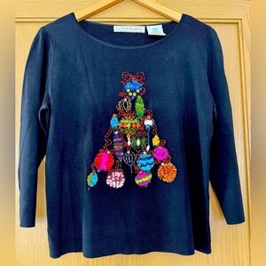 Vintage Lucia Burns Quarter Sleeve Scoop Neck Sequinced Christmas Tree Sweater